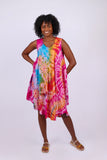 226213 Sleeveless Tie Dye Umbrella Dress (Pink, Teal and Jade)